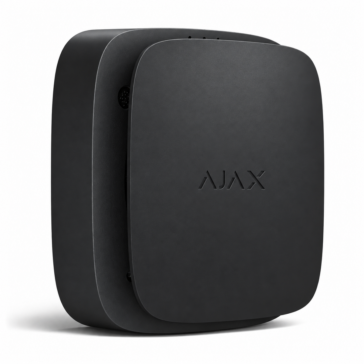A black AJAX smart home hub device with a matte finish, shown from a three-quarters angle on a white background.